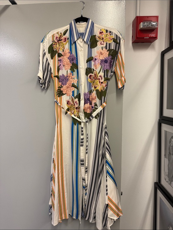 Dries Van Noten Dresses & Skirts - Dries Van Noten Multicolor Striped Midi Dress with Floral Appliqué